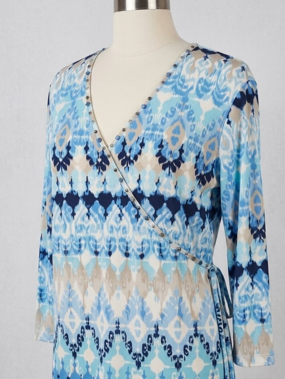 Hearts Of Palm Women's Blue Ikat Top with Bead Trim, Size Large